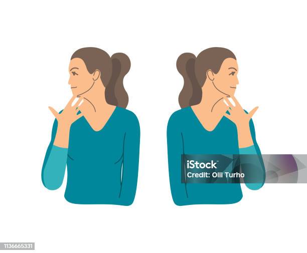 Vector Colorful Illustration Neck Exercises By Girl For Relax Turn Head To The Shoulder And Fix It By Hand Then To Other Side Stock Illustration - Download Image Now