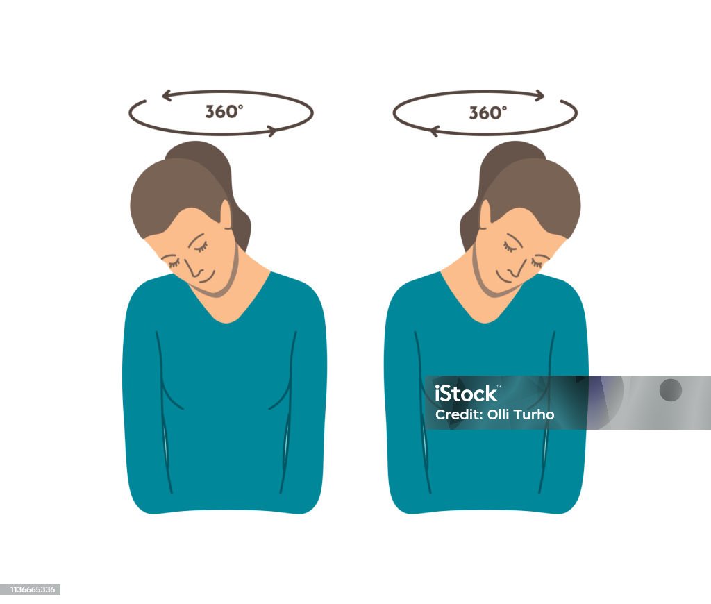 Vector colorful illustration. Neck exercises by girl for relax. Head rotation in different directions. Creative concept. Vector colorful illustration. Neck exercises by girl for relax. Head rotation in different directions. Creative concept. Blue and grey colors. White background Neck stock vector