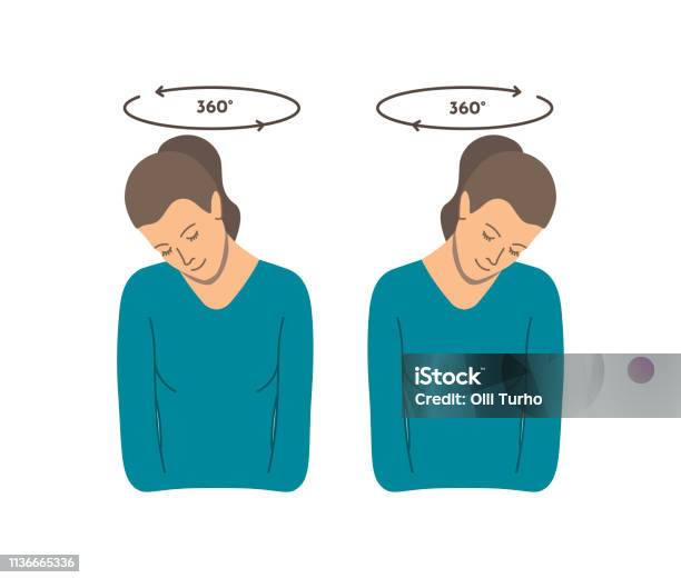 Vector Colorful Illustration Neck Exercises By Girl For Relax Head Rotation In Different Directions Creative Concept Stock Illustration - Download Image Now