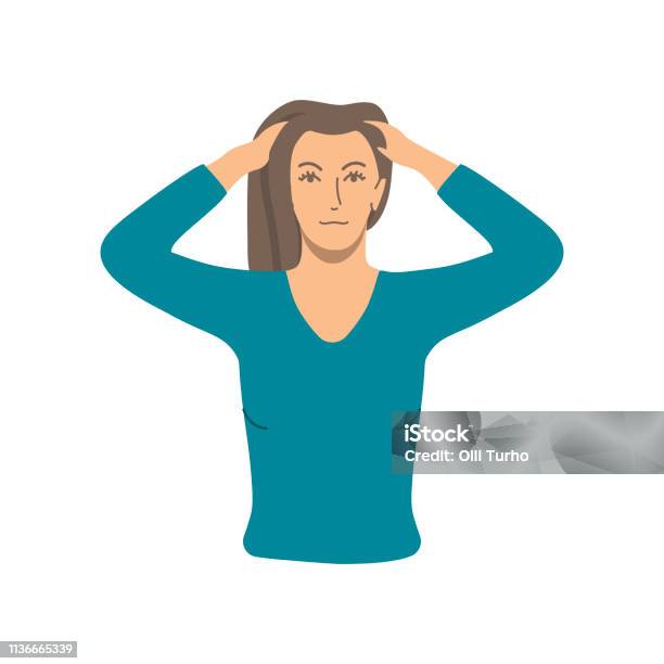 Vector Colorful Illustration Neck And Head Exercises By Girl For Relax Head Massage By Fingers Stock Illustration - Download Image Now