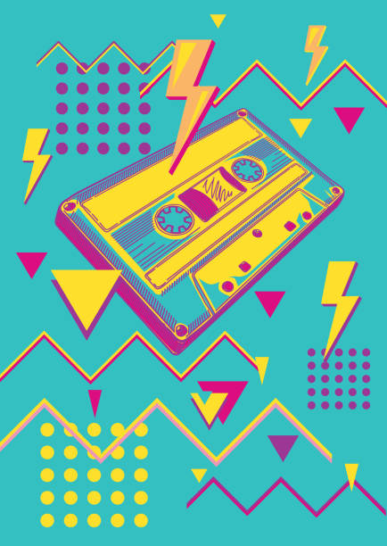 Audio cassette funky colorful music design decorative vector artwork outdated technology stock illustrations