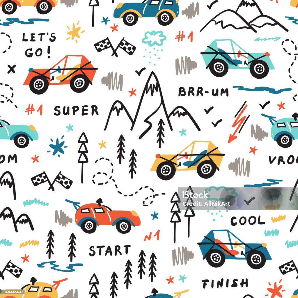 Toy Racing Cars Vector Seamless Pattern with Doodle Buggy Car and Highlands. Cartoon Transportation Background for Kids. Adventure stock vector