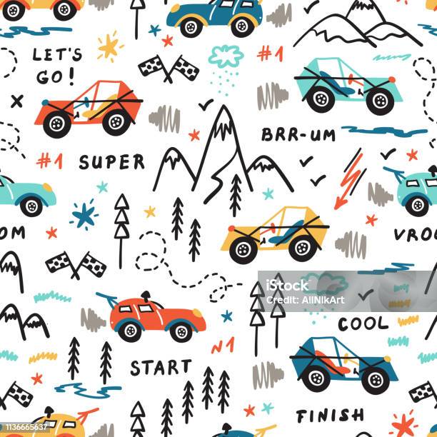 Toy Racing Cars Vector Seamless Pattern With Doodle Buggy Car And Highlands Cartoon Transportation Background For Kids Stock Illustration - Download Image Now