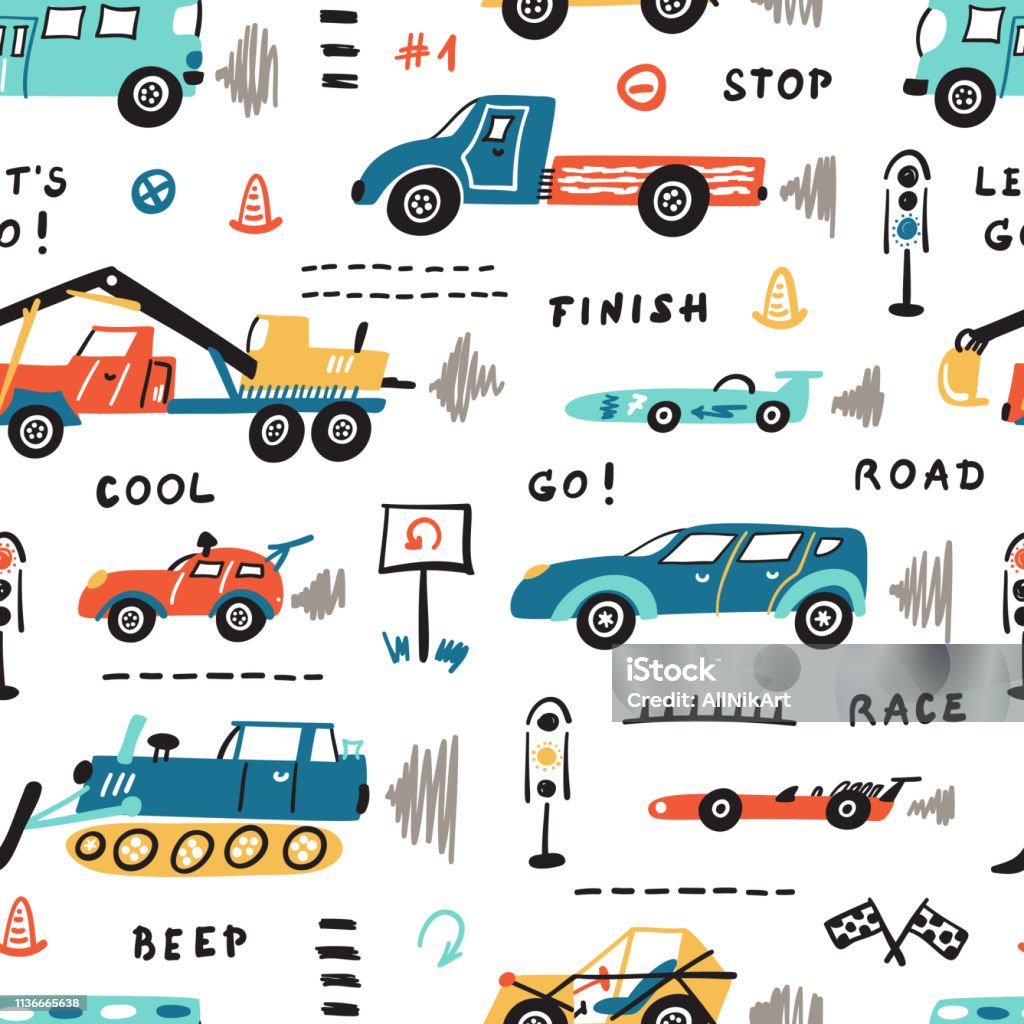 Vector Seamless Pattern with Doodle Toy Racing Cars, Heavy Construction Trucks and Traffic Signs. Cartoon Transportation Background for Kids. Bus stock vector