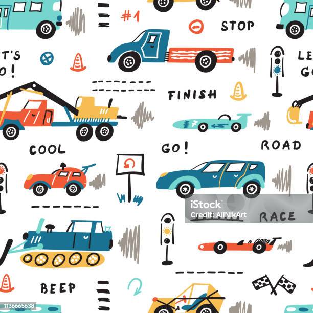 Vector Seamless Pattern With Doodle Toy Racing Cars Heavy Construction Trucks And Traffic Signs Cartoon Transportation Background For Kids Stock Illustration - Download Image Now