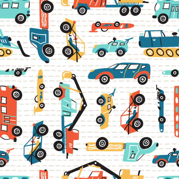 Vector Seamless Pattern with Doodle Toy Racing Cars, Heavy Construction Trucks. Cartoon Transportation Background for Kids. Vector Seamless Pattern with Doodle Toy Racing Cars, Heavy Construction Trucks. Cartoon Transportation Background for Kids. golf cart vector stock illustrations