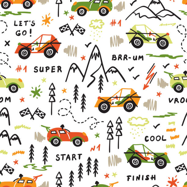 Toy Racing Cars Vector Seamless Pattern with Doodle Buggy Car and Highlands. Cartoon Transportation Background for Kids. Toy Racing Cars Vector Seamless Pattern with Doodle Buggy Car and Highlands. Cartoon Transportation Background for Kids. golf cart vector stock illustrations