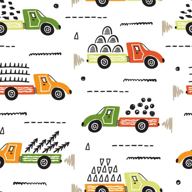 Vector illustration of Toy Cars Vector Seamless Pattern with Doodle Dump Trucks. Cartoon Transportation Background for Kids.