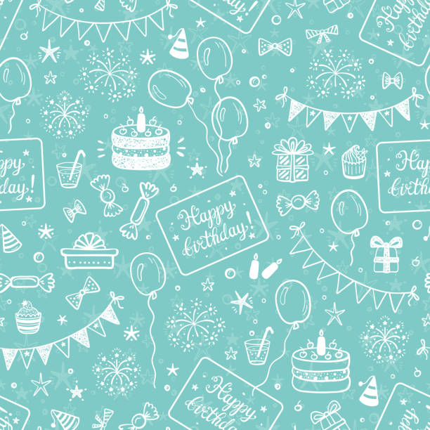 birthday party bezszwowy wzór z ręcznie rysowane doodle birthday cake, słodycze, bunting flag, balony, gift box i inne materiały imprezowe. uroczyste tło. świąteczna tapeta - cupcake cake birthday candy stock illustrations