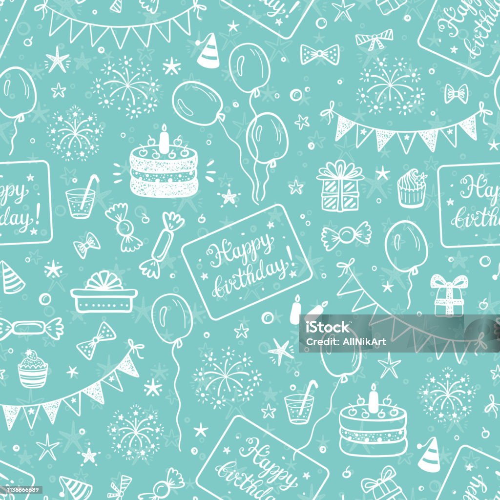 Birthday Party Seamless Pattern With Hand Drawn Doodle Birthday Cake Sweets  Bunting Flag Balloons Gift Box And Other Party Supplies Celebratory  Background Holiday Wallpaper Stock Illustration - Download Image Now -  iStock