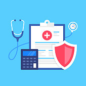 istock Health insurance. Vector illustration. Medical protection, medical insurance concepts. Flat design. Clipboard with healthcare document, stethoscope, calculator and shield 1136667774