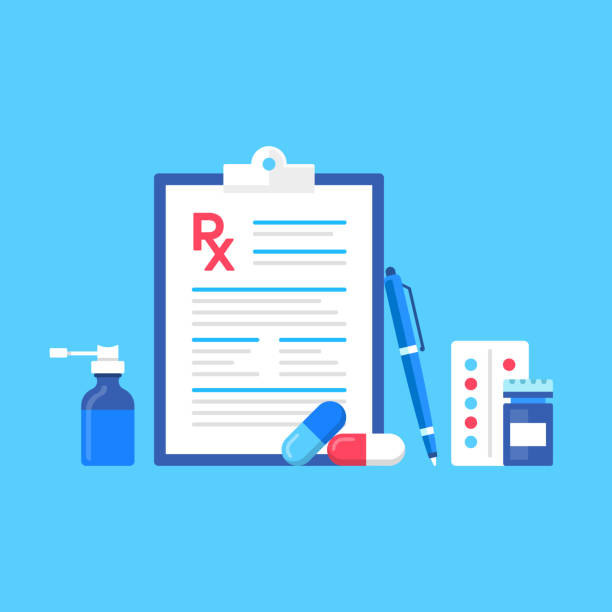 Medical prescription. Vector illustration. RX concepts. Modern flat design. Clipboard with prescription form, pen, drugs, bottle of pills, nasal spray Medical prescription. Vector illustration. RX concepts. Modern flat design. Clipboard with prescription form, pen, drugs, bottle of pills, nasal spray prescription medicine stock illustrations