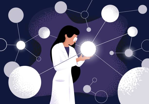 Female scientist in lab coat checking artificial neurons connected into neural network. Computational neuroscience, machine learning, scientific research. Vector illustration in flat cartoon style Female scientist in lab coat checking artificial neurons connected into neural network. Computational neuroscience, machine learning, scientific research. Vector illustration in flat cartoon style science research stock illustrations