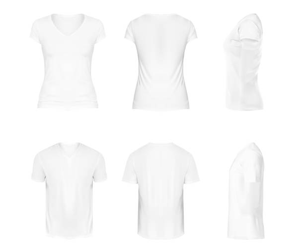 ilustrações de stock, clip art, desenhos animados e ícones de vector realistic set of white v-neck t-shirts with short sleeves, sportswear, sport uniform for football or rugby isolated on white background. mockup for clothes design, front, rear and side view - white shirt