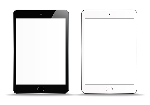 New Realistic set of White and Black Tablet PC Computer on white Background. Can Use for Template, Project, Presentation or Banner. Electronic Gadget, Device Set Mock Up. Vector Illustration