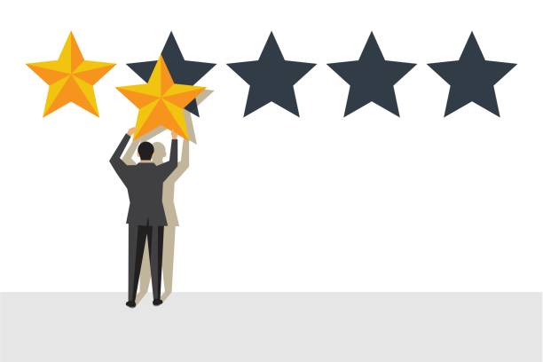 istock Five rating stars vector illustration. Feedback concept. Man holding a gold star in hand 1136668207