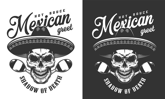 Mexican skull in sombrero hat logo with maracas in vintage monochrome style isolated vector illustration