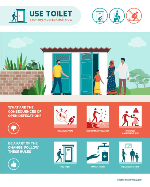 hentikan infografis layanan kesehatan buang air besar terbuka - toilet umum ilustrasi ilustrasi stok