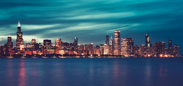 istock Panoramic view of Chicago by night, special photographic processing. 1136673106