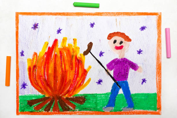 Colorful drawing: Smiling man cooking sausages over a campfire
