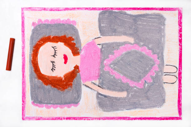 istock Colorful drawing: Time to sleep. A smiling girl is sleeping in a bed 1136674165