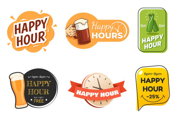 happy hour banner kollektion. bunte abzeichen in verschiedenen stilen. sonderangebot für bar, café, club. schilder mit biergläser und text. anwendbar für menügestaltung, flyer, plakate. vector eps 10. - happy hour stock-grafiken, -clipart, -cartoons und -symbole