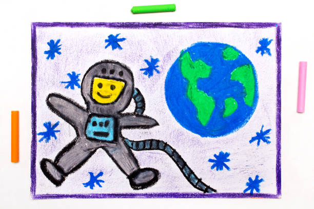 kolorowy rysunek: szczęśliwy astronauta w skafandrze latającym obok ziemi - czarny_bez zdjęcia i obrazy z banku zdjęć