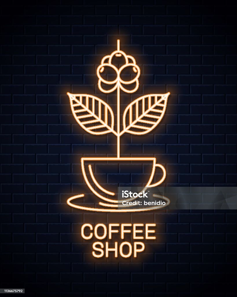 Coffee cup neon sign. Neon coffee branch concept on wall background Abstract stock vector