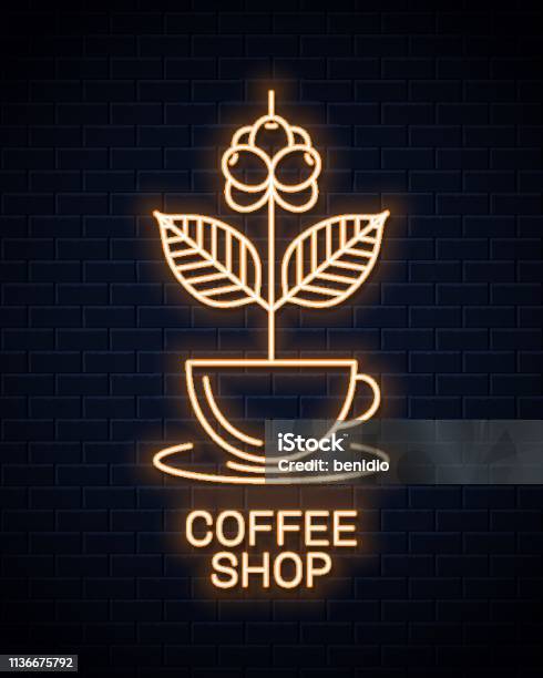 Coffee Cup Neon Sign Neon Coffee Branch Concept On Wall Background Stock Illustration - Download Image Now