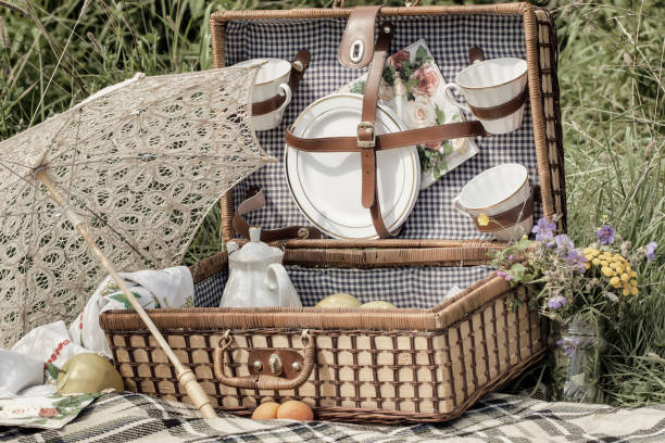 istock Romantic picnic outdoors, in nature in summer, rustic lunch, vintage background 1136676388