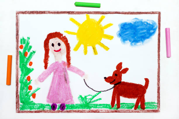 Colorful drawing: Young girl in pink dress walking dog. Colorful drawing: Young girl in pink dress walking dog. crayon drawing photos stock pictures, royalty-free photos & images