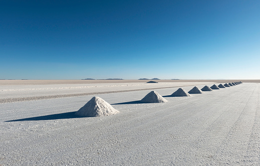 Salt pyramids in the Uyuni salt flat or Salar de Uyuni, Colchani, Bolivia.