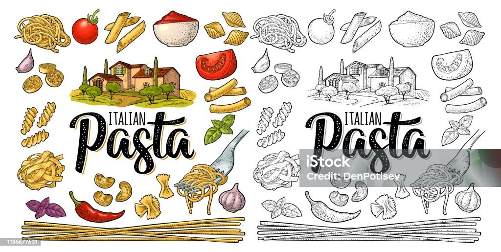 Diferentes tipos de macarrones y Letras de PASTA italiana. El grabado vectorial - arte vectorial de Pasta libre de derechos Diferentes tipos de macarrones y Letras de PASTA italiana. El grabado vectorial - arte vectorial de Pasta libre de derechos