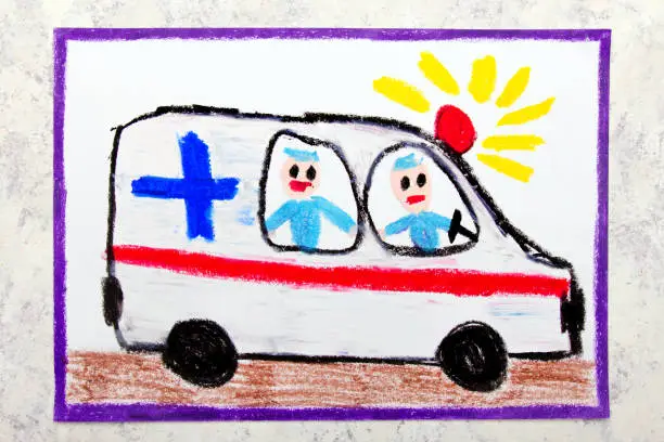 Photo of Colorful hand drawing: ambulance and paramedics