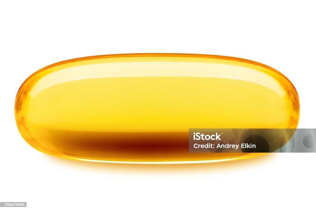 Fish oil pill, omega 3, isolated on white background, clipping path, full depth of field Capsule - Medicine Stock Photo