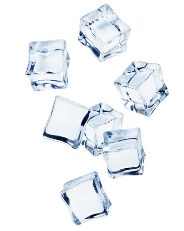 Many crystal clear ice cubes isolated on white