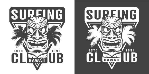 ilustraciones, imágenes clip art, dibujos animados e iconos de stock de el logotipo del club de surf hawaiano vintage - ceremonial dancing illustrations