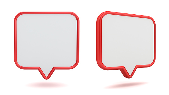 Blank white 3d speech bubble pin icon with red edge isolated on white background with shadow 3D rendering