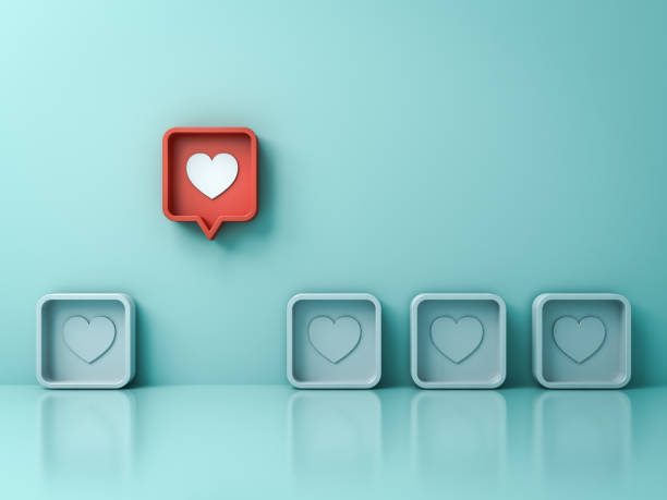 istock Stand out from the crowd and different creative idea concepts One red 3d social media notification love like heart pin icon pop up from others on light green pastel color wall background 3D rendering 1136680688