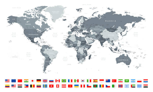 ilustraciones, imágenes clip art, dibujos animados e iconos de stock de mapa del mundo y banderas más populares-fronteras, países y ciudades-ilustración vectorial - mapa de los estados unidos y la bandera estadounidense