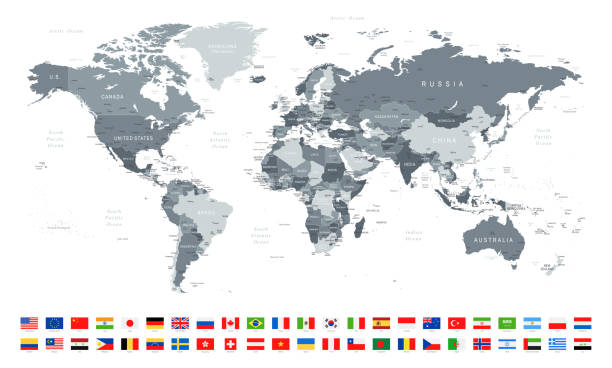mapa świata i najpopularniejsze flagi - granice, kraje i miasta - ilustracja wektorowa - eastern country stock illustrations