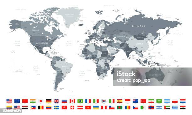 World Map And Most Popular Flags Borders Countries And Cities Vector Illustration Stock Illustration - Download Image Now