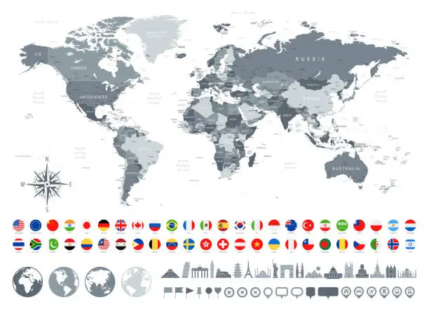 Vector illustration of World Map, Most Popular Flags, Travel Icons - borders, countries and cities - vector illustration