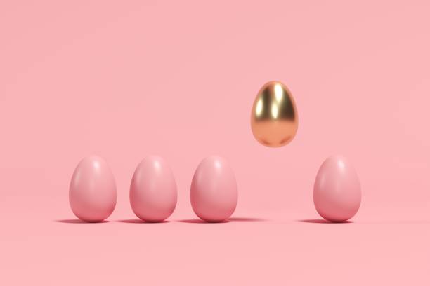 istock Outstanding Golden Egg Floating among brown eggs on pink background. minimal Easter idea. 1136693891