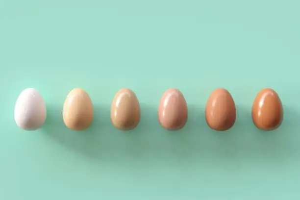 Different shades of eggs on green background. Minimal Easter idea.