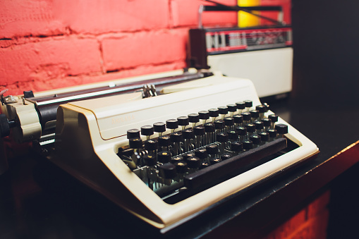 Antique Typewriter. Vintage Typewriter Machine Closeup Photo