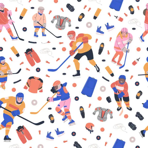 Vector illustration of Seamless pattern with ice hockey equipment and happy  kids
