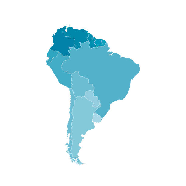 ilustraciones, imágenes clip art, dibujos animados e iconos de stock de ilustración vectorial con mapa del continente de sudamérica. siluetas azules - américa del sur