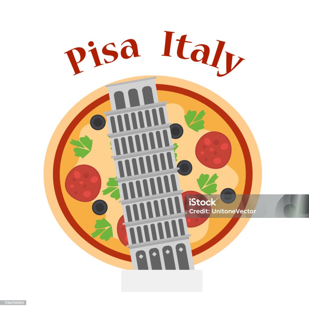 Italian Landmark Flat Poster Template with Text Italian Landmark Flat Poster Template with Text. National Cuisine Vector Illustration. Pisa Leaning Tower Cartoon Drawing. Pizzeria, Restaurant Banner Design Element. Postcard, Greeting Card Architecture stock vector