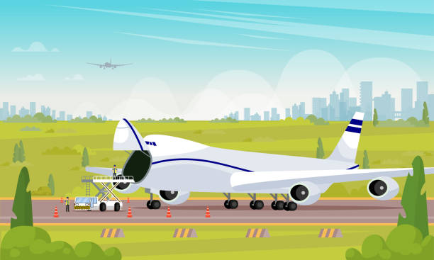 Repair Aircraft in Parking Lot Flat Illustration. Repair Aircraft in Parking Lot Flat Illustration. Vector Colored Background. Airport Employees are Engaged Repairing Airplane after Long Use and Intercontinental Flight Away from Big City. airplane mechanic stock illustrations